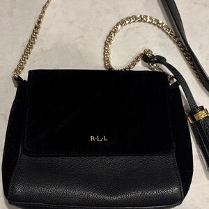 Lauren Ralph Lauren RLL black faux leather Velvet crossbody clutch gold chain
